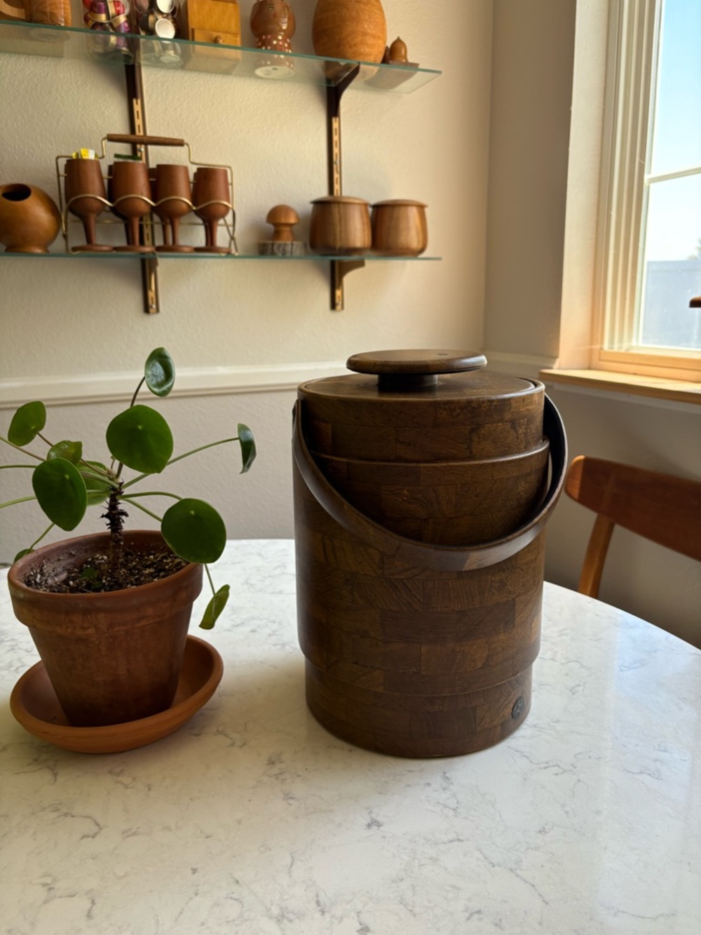 Vintage MCM Faux Wood Ice Bucket with Handle - Brown